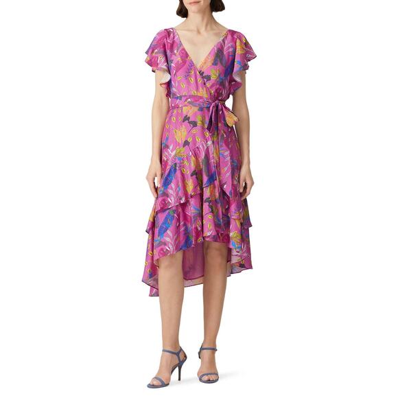 Tanya Taylor Sz 4 Pink Leaves Floral Print Silk Ruffled Hi-Low Wrap Midi Dress - Picture 1 of 7